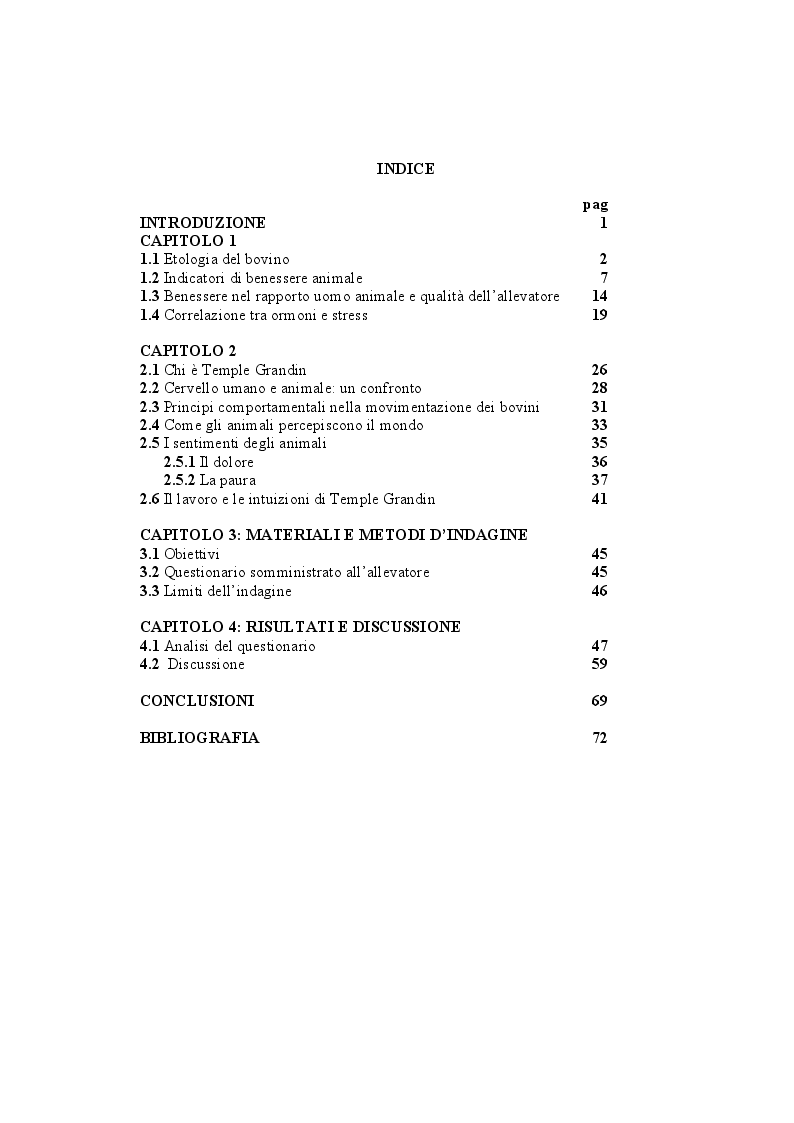 Indice della tesi: Il metodo Temple Grandin applicato all'analisi dei bovini da carne allevati in Italia, Pagina 1