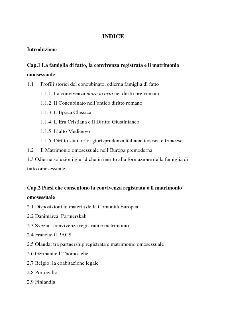 Indice della tesi: Il matrimonio omosessuale nei paesi della Comunità Europea, Pagina 1
