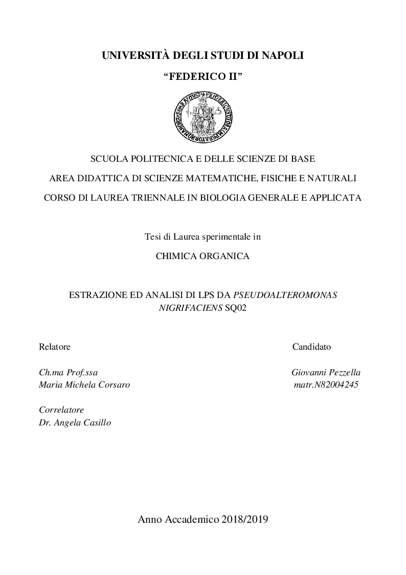 Anteprima della tesi: Estrazione ed analisi di lps da Pseudoalteromonas nigrifaciens SQ02, Pagina 1
