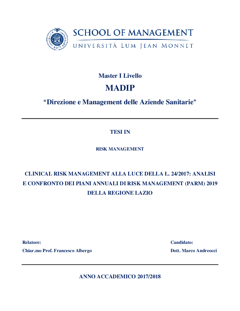 Anteprima della tesi: Clinical Risk Management alla luce della L. 24/2017: analisi e confronto dei Piani Annuali di Risk Management (PARM) 2019 della Regione Lazio, Pagina 1