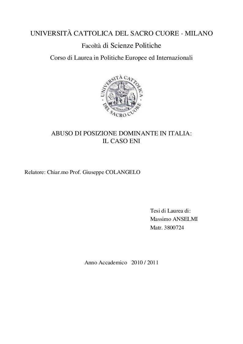 Anteprima della tesi: Abuso di Posizione Dominante in Italia: il caso ENI, Pagina 1