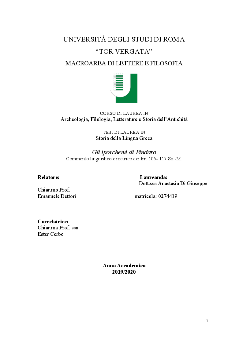 Anteprima della tesi: Gli iporchemi di Pindaro, commento linguistico e metrico dei frr. 105-117 Sn.-M., Pagina 1