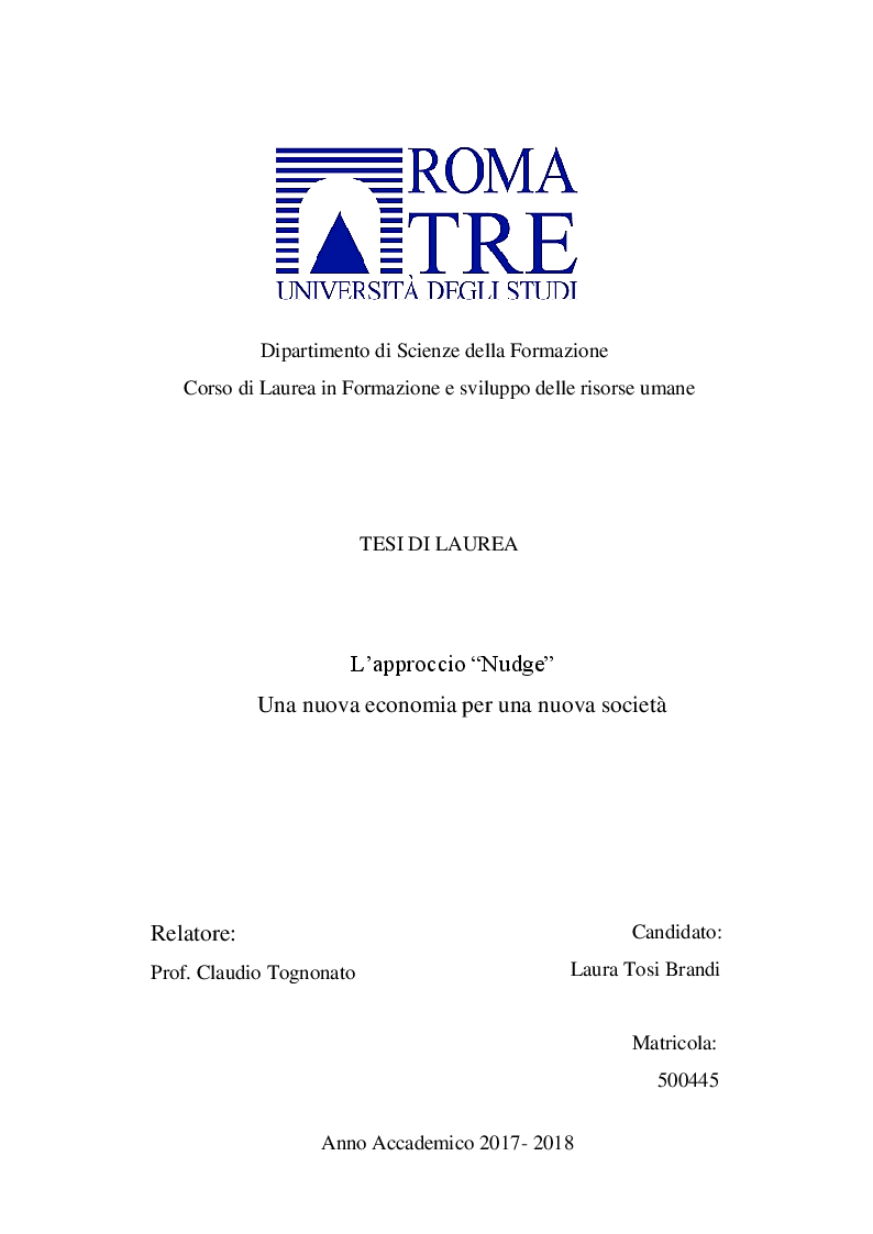 Anteprima della tesi: L'approccio ''Nudge''. Una nuova economia per una nuova società, Pagina 1