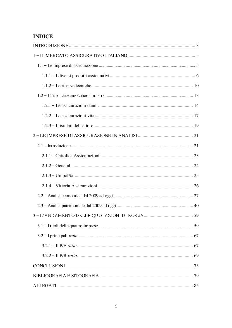 Indice della tesi: Il mercato assicurativo italiano. Analisi delle quotazioni e dei bilanci di quattro imprese, Pagina 1
