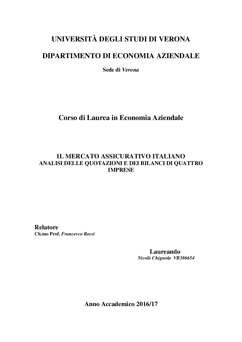 Anteprima della tesi: Il mercato assicurativo italiano. Analisi delle quotazioni e dei bilanci di quattro imprese, Pagina 1