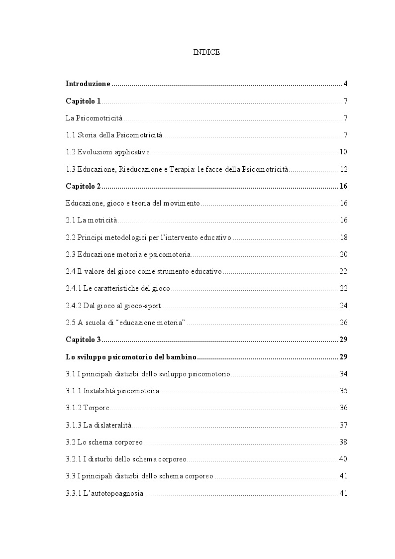 Indice della tesi: Psicomotricità: unione corpo-mente. Esperienza sul campo nel progetto “Sport di Classe”, Pagina 1