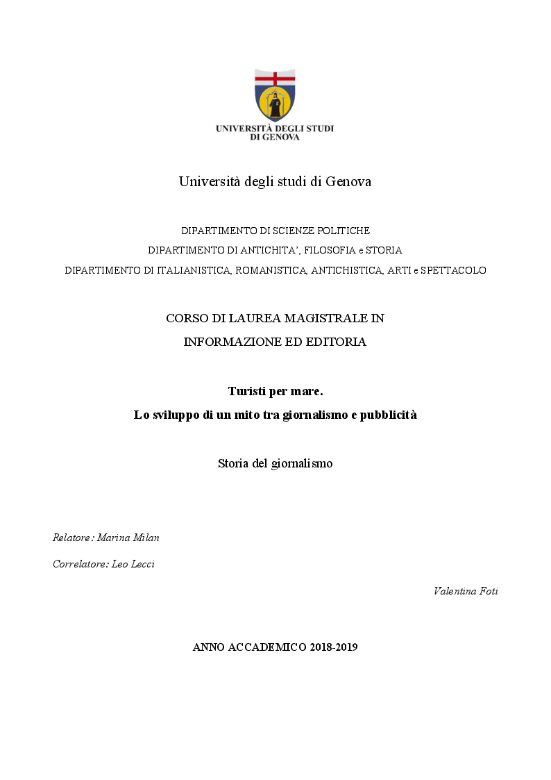 Anteprima della tesi: Turisti per mare. Lo sviluppo di un mito tra giornalismo e pubblicità, Pagina 1