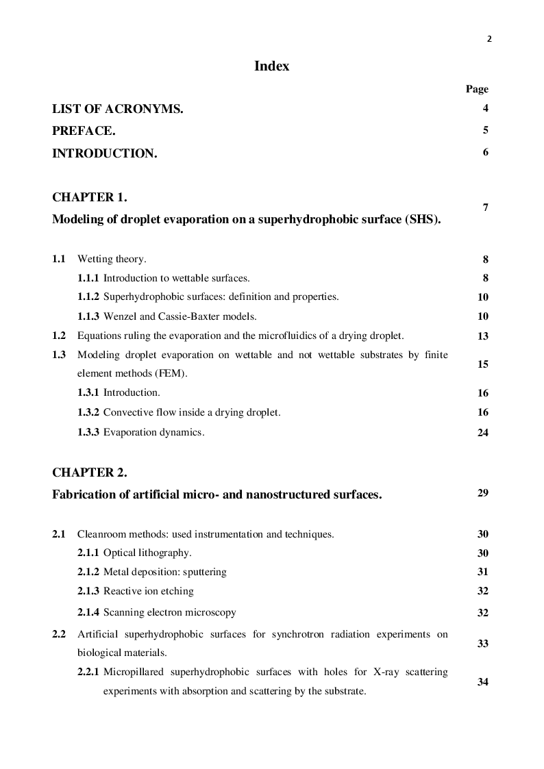 Indice della tesi: Contributions to modeling and applications of superhydrophobic surfaces for self-assembly of biological materials, Pagina 1