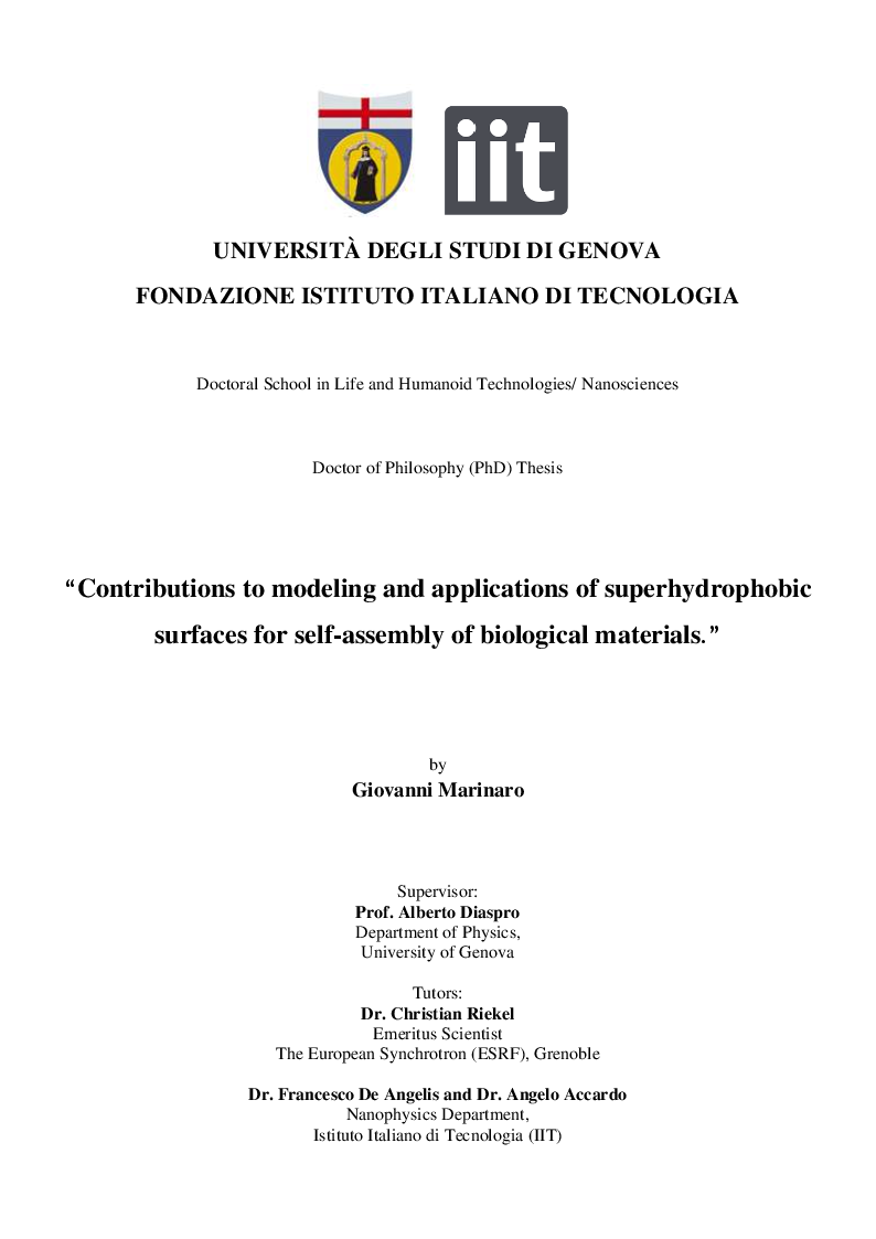 Anteprima della tesi: Contributions to modeling and applications of superhydrophobic surfaces for self-assembly of biological materials, Pagina 1