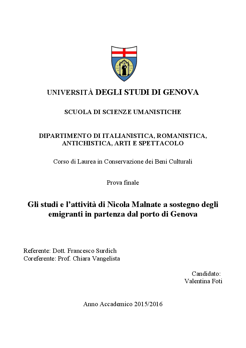 Anteprima della tesi: Gli studi e l’attività di Nicola Malnate a sostegno degli emigranti in partenza dal porto di Genova, Pagina 1