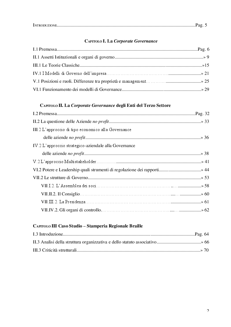 Indice della tesi: La Corporate Governance degli enti del terzo settore, Pagina 1