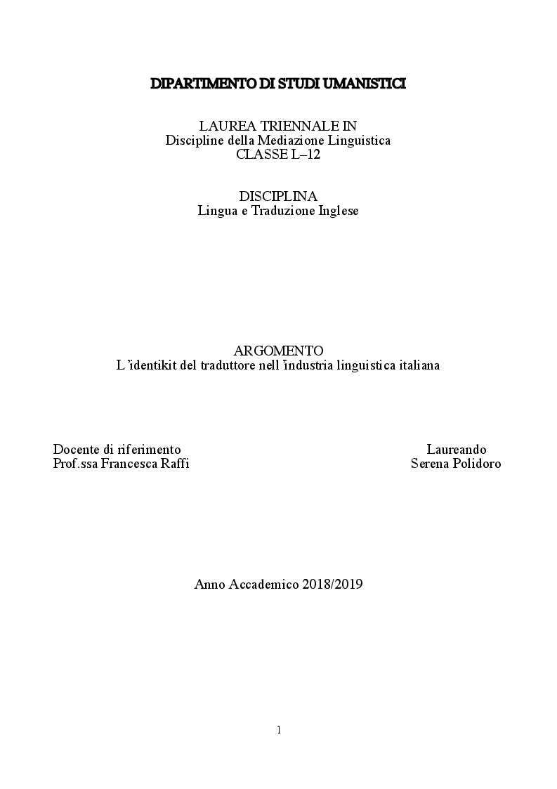 Anteprima della tesi: L’identikit del traduttore nell’industria linguistica italiana, Pagina 1
