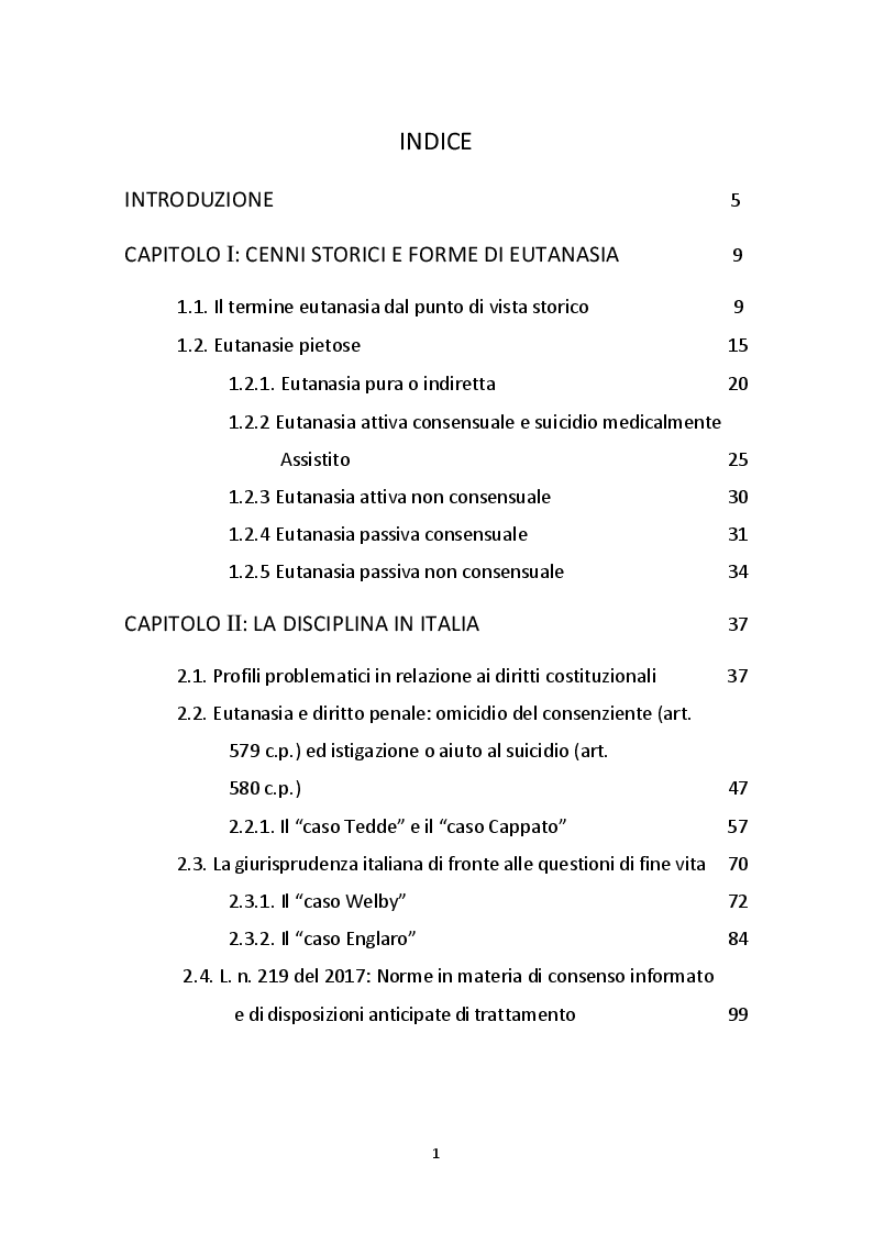 Indice della tesi: Eutanasia: rilievi comparatistici dopo la legge 22 dicembre 2017, n. 219, Pagina 1