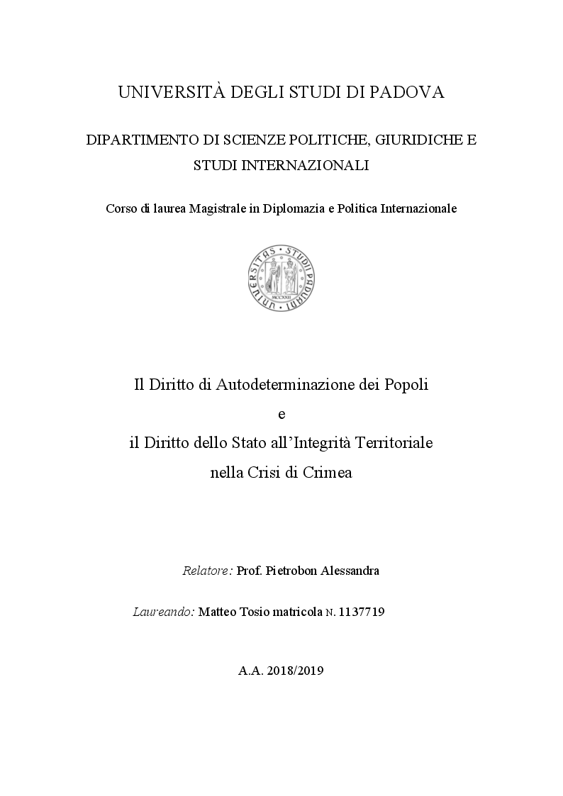 Anteprima della tesi: Il Diritto di Autodeterminazione dei Popoli e il Diritto dello Stato all’Integrità Territoriale nella Crisi di Crimea, Pagina 1