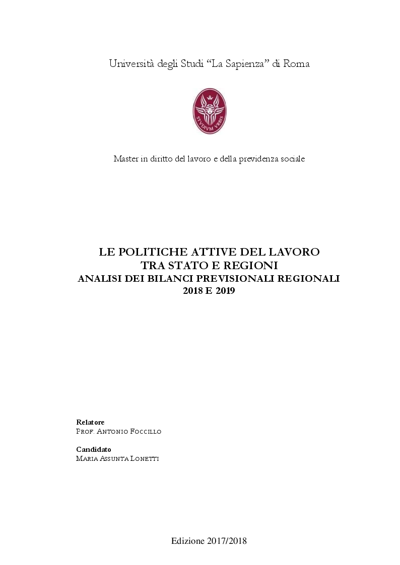 Anteprima della tesi: Le politiche attive tra Stato e regioni. Analisi dei bilanci previsionali regionali 2018 e 2019, Pagina 1