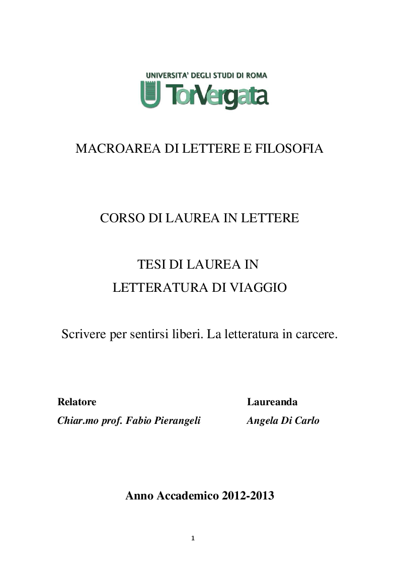 Anteprima della tesi: Scrivere per sentirsi liberi. La letteratura in carcere., Pagina 1
