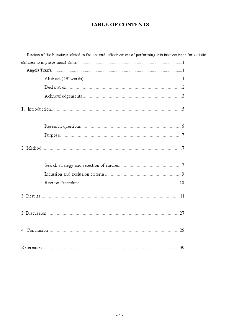 Indice della tesi: Review of the literature related to the use and
effectiveness of performing arts interventions for autistic children to improve social skills, Pagina 1