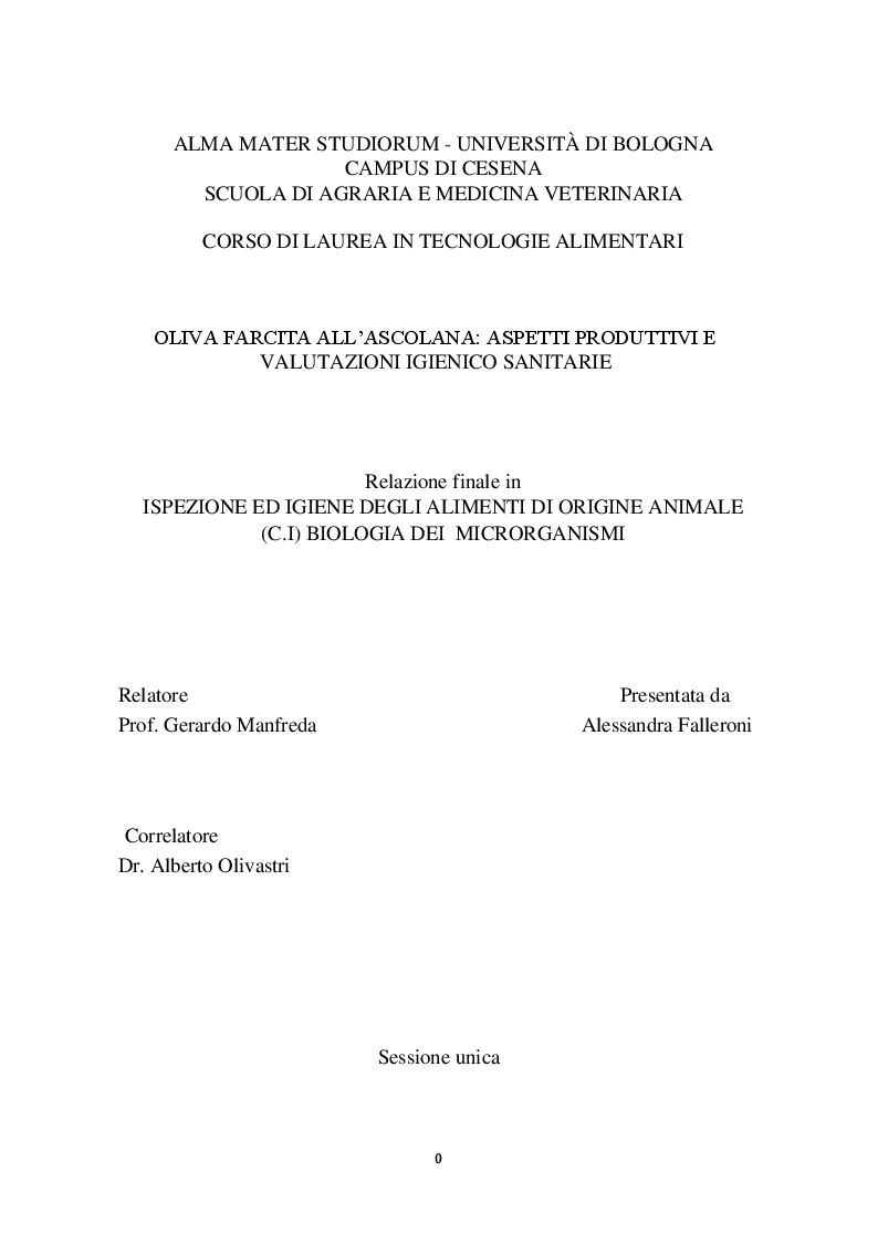 Anteprima della tesi: Oliva farcita all'ascolana: aspetti produttivi e valutazioni igienico sanitarie, Pagina 1