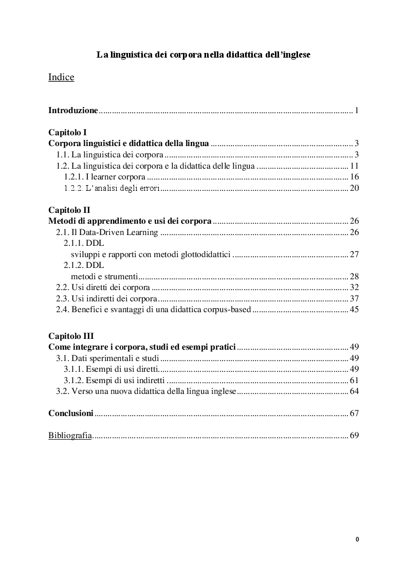 Indice della tesi: La linguistica dei corpora nella didattica dell'inglese, Pagina 1