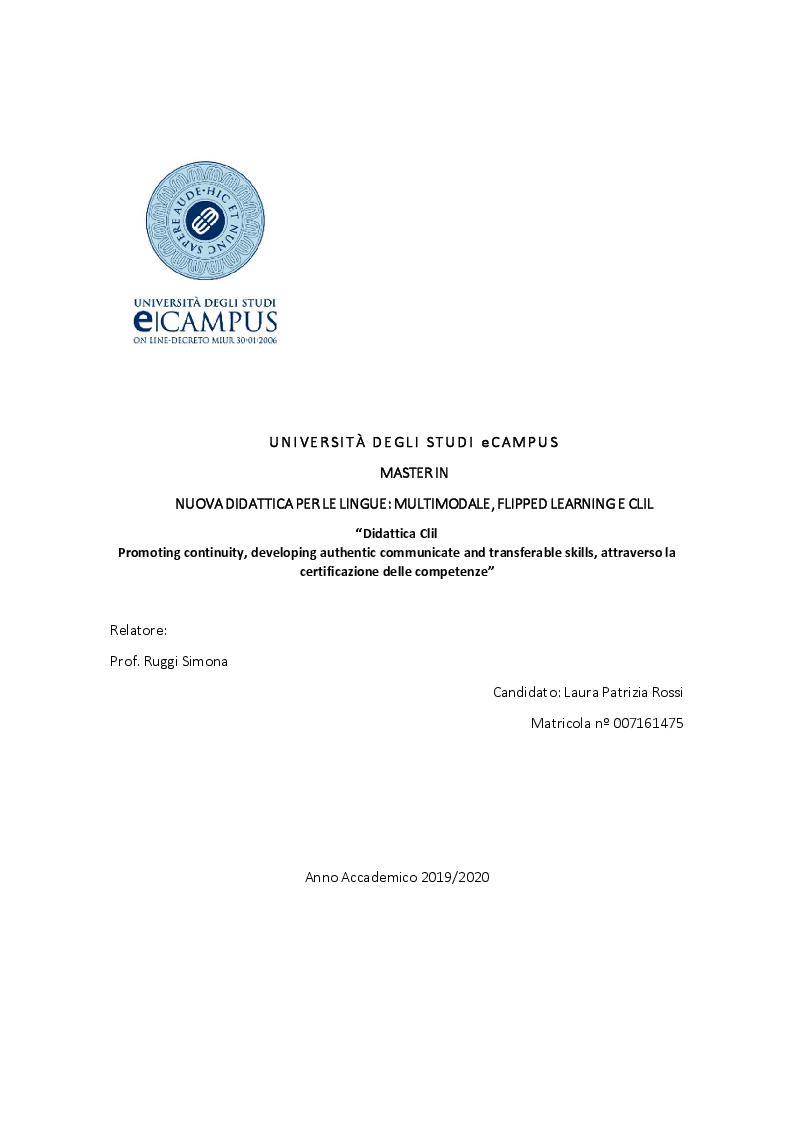 Anteprima della tesi: Didattica Clil - Promoting continuity, developing authentic communicate and transferable skills, attraverso la certificazione delle competenze”, Pagina 1