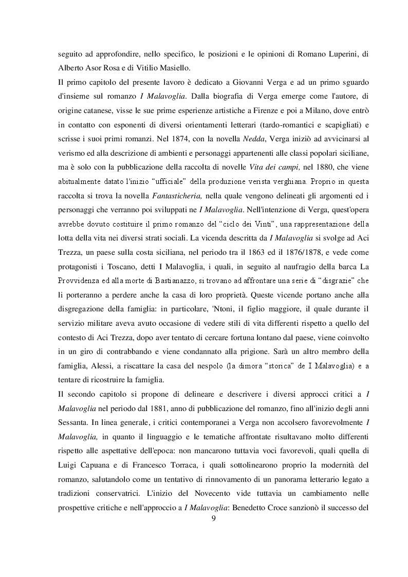 Anteprima della tesi: La critica letteraria a “I Malavoglia” di Giovanni Verga: confronto tra Alberto Asor Rosa, Romano Luperini, Vitilio Masiello, Pagina 3