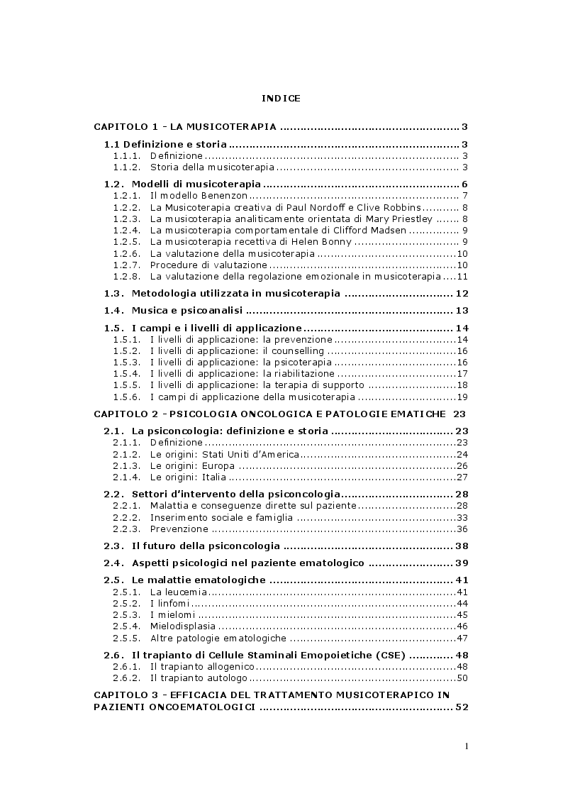 Indice della tesi: Valutazione dell’efficacia di un intervento di musicoterapia in pazienti oncologici, Pagina 1