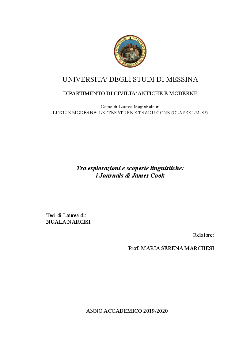 Anteprima della tesi: Tra esplorazioni e scoperte linguistiche: I Journals di James Cook, Pagina 1