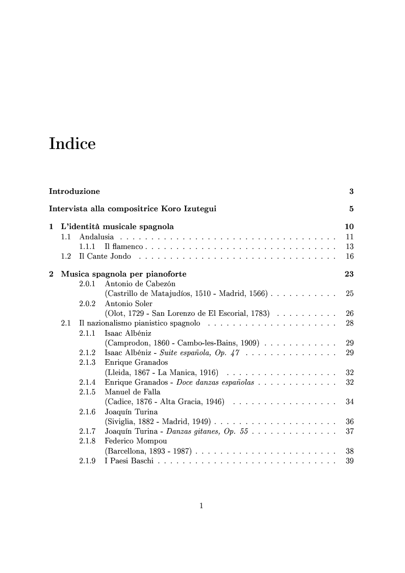 Indice della tesi: L'interpretazione del repertorio pianistico spagnolo tra danze e musiche popolari. , Pagina 1