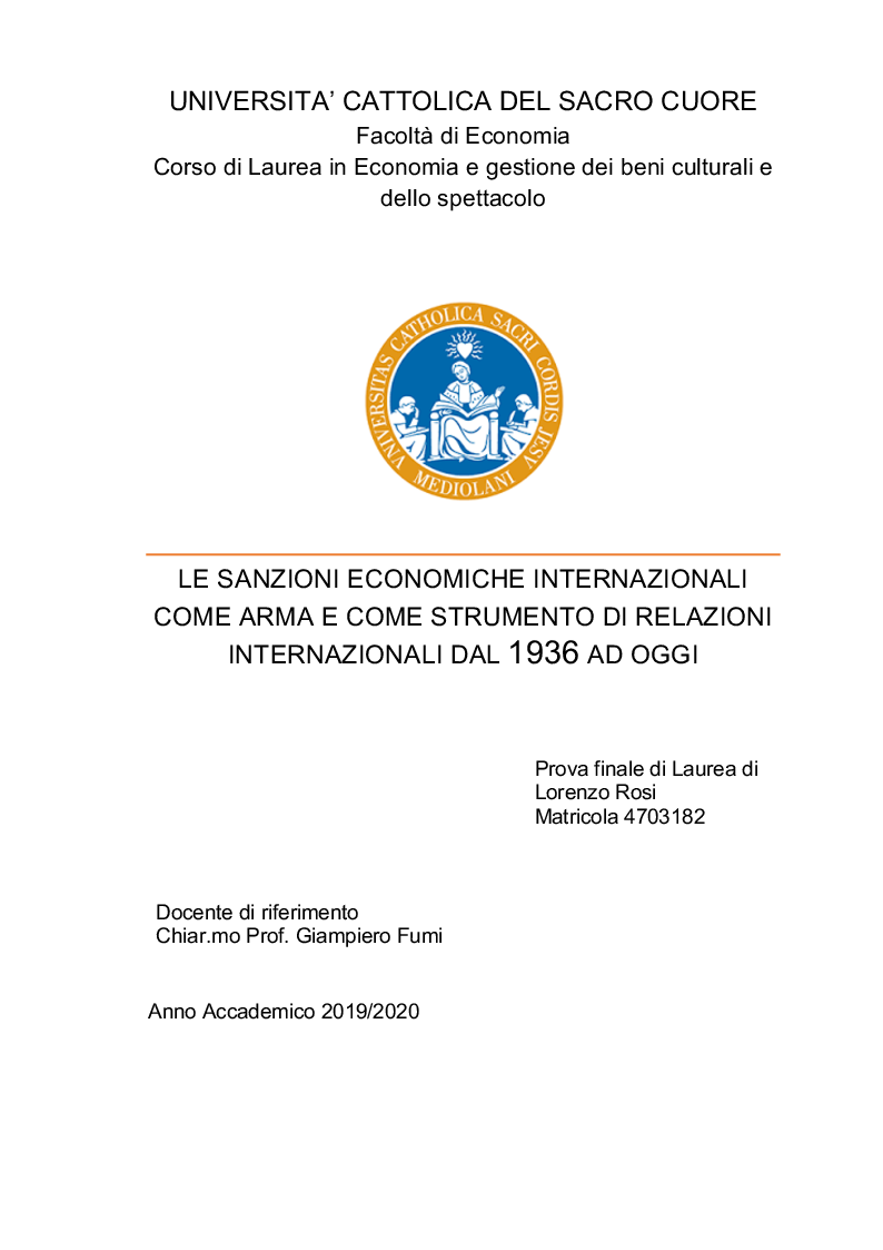 Anteprima della tesi: Le Sanzioni Economiche Internazionali come arma e come strumento di relazioni internazionali dal 1936 ad oggi, Pagina 1