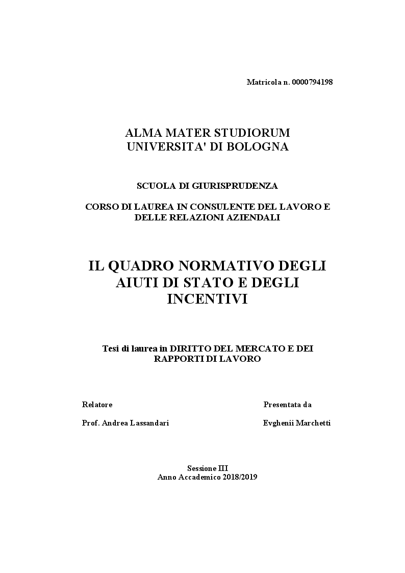 Anteprima della tesi: Il quadro normativo degli aiuti di Stato e degli incentivi, Pagina 1