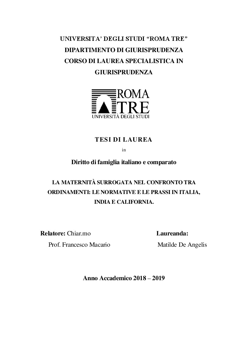 Anteprima della tesi: La maternità surrogata nel confronto tra ordinamenti: le normative e le prassi in Italia, India e California, Pagina 1