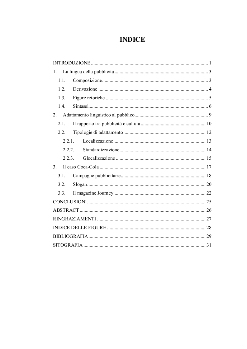 Indice della tesi: La lingua della pubblicità, Pagina 1