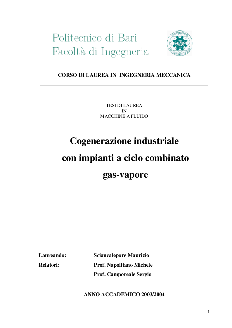 Anteprima della tesi: Cogenerazione Industriale con Impianti a Ciclo Combinato Gas-Vapore, Pagina 1