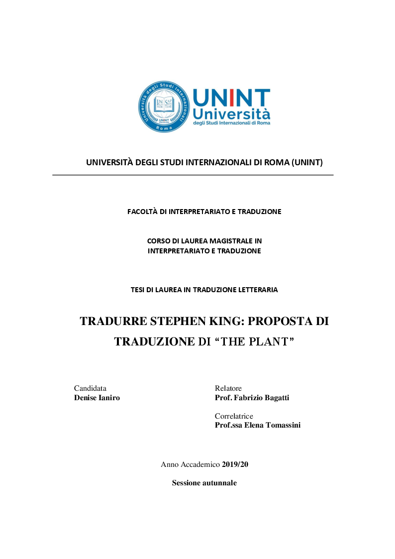 Anteprima della tesi: Tradurre Stephen King: proposta di traduzione di “The Plant”, Pagina 1