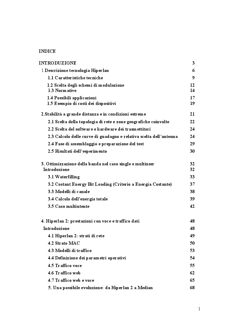 Indice della tesi: Lo Standard HIPERLAN 2: Prestazioni attuali e sviluppi futuri, Pagina 1