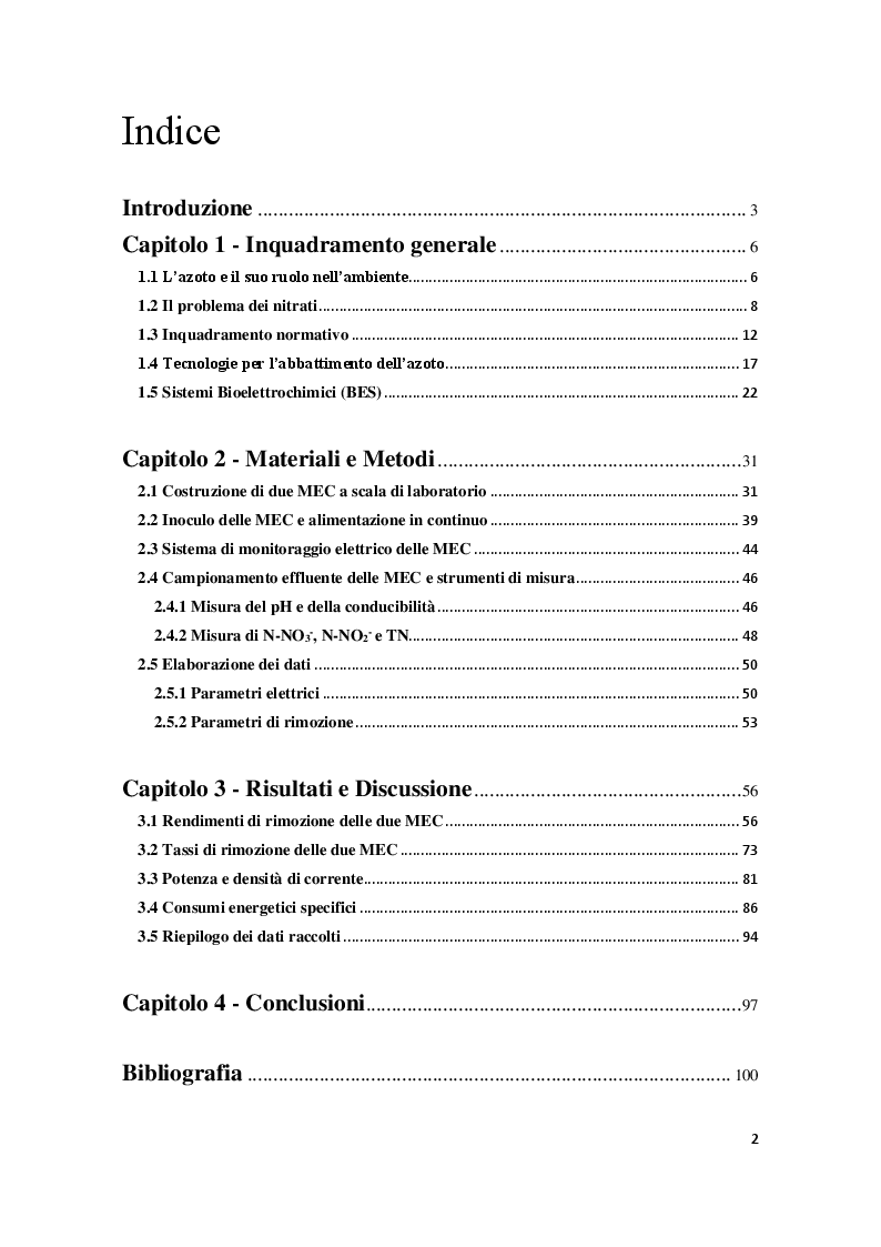 Indice della tesi: Denitrificazione autotrofa da acque di falda con sistemi bio-elettrochimici bistadio, Pagina 1
