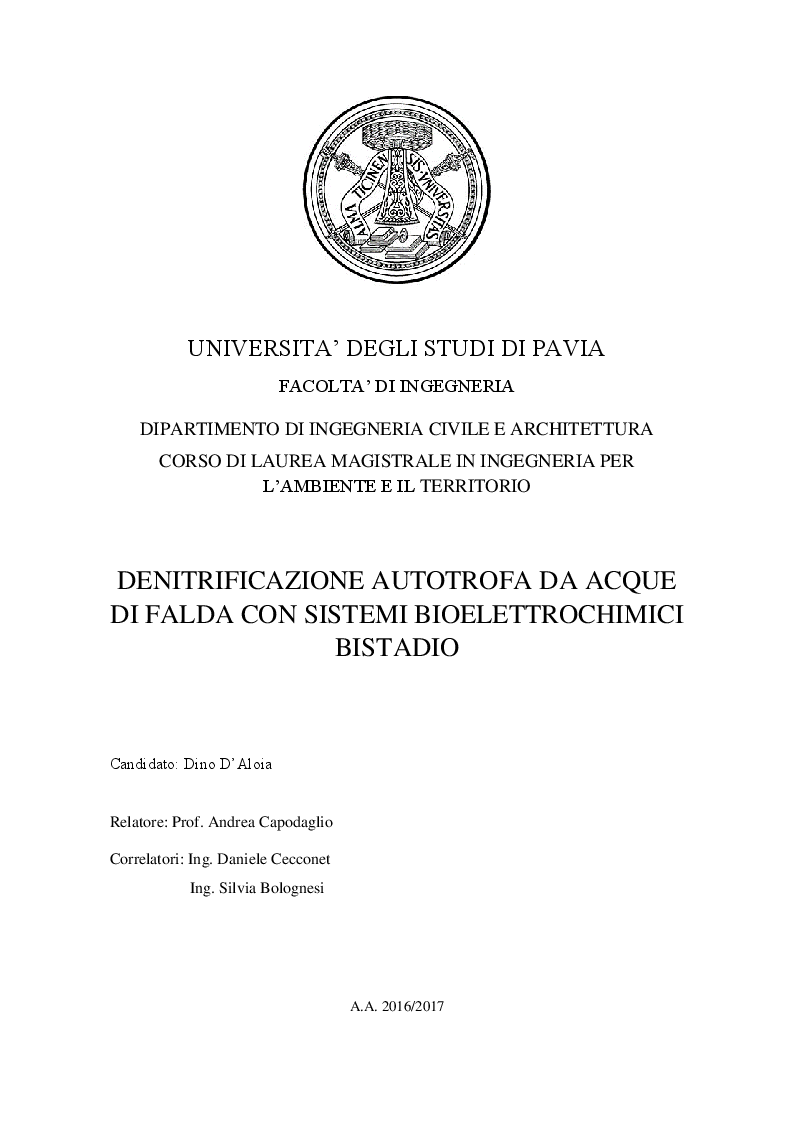 Anteprima della tesi: Denitrificazione autotrofa da acque di falda con sistemi bio-elettrochimici bistadio, Pagina 1