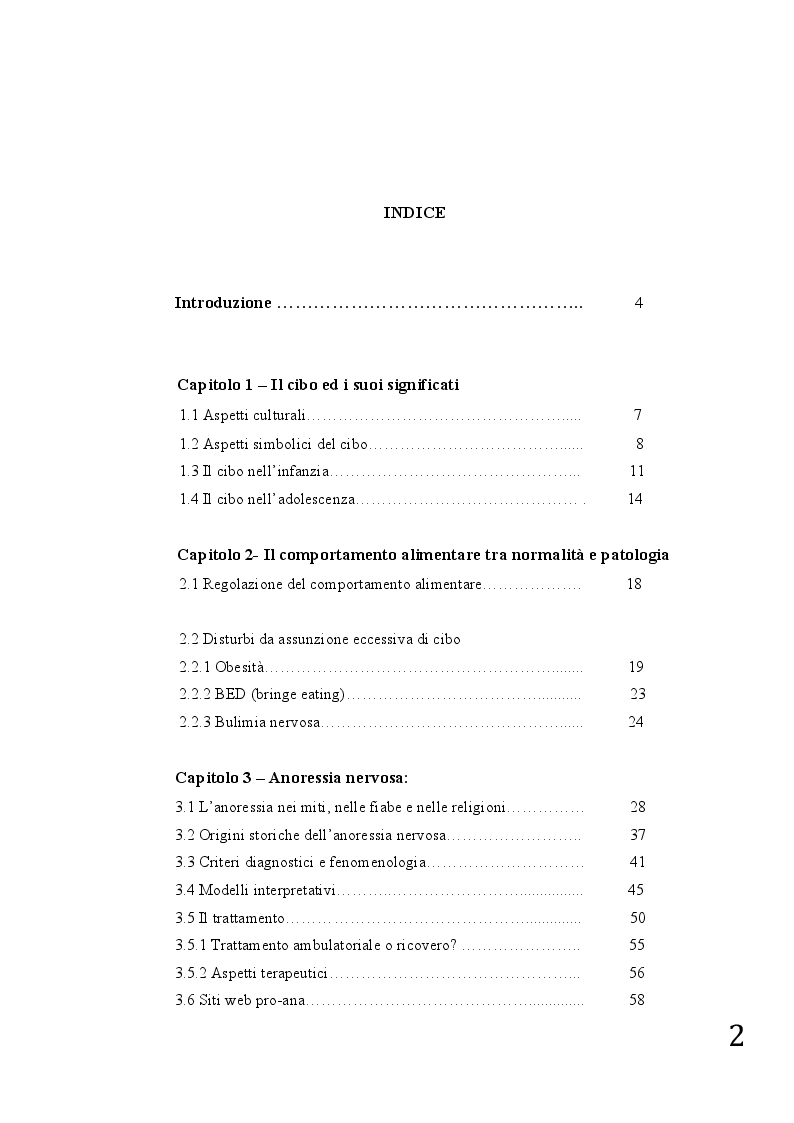 Indice della tesi: Cibo e controllo: Anoressia, Reverse Anorexia e Ortoressia, Pagina 1