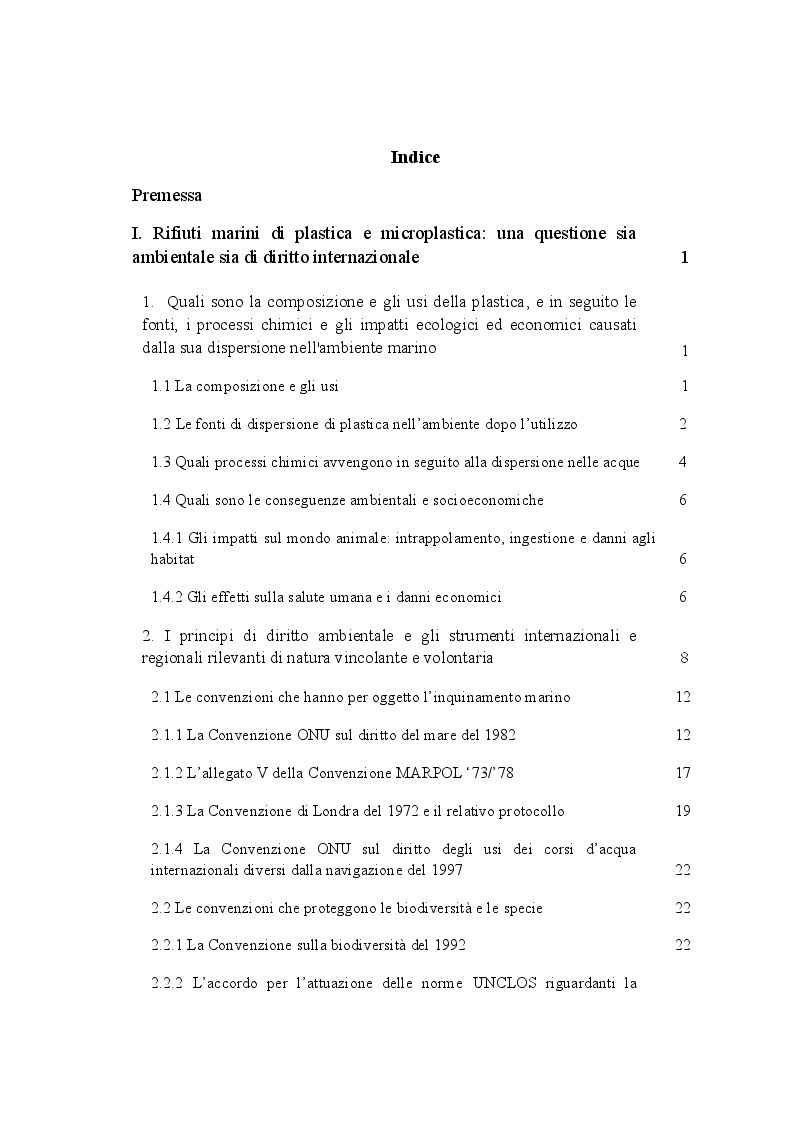 Indice della tesi: L'emergenza ambientale dei rifiuti marini di plastica e microplastica nel diritto internazionale, Pagina 1