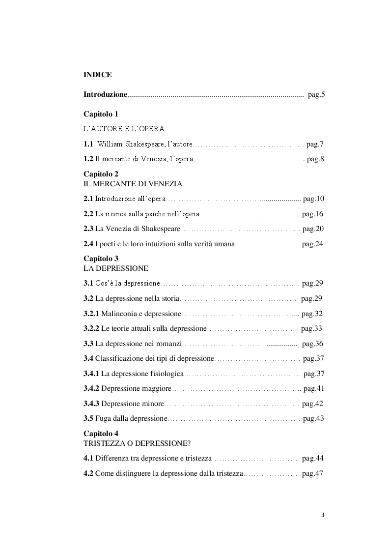 Indice della tesi: Il mercante di Venezia e i suoi Shakespeariani mood disorders, Pagina 1