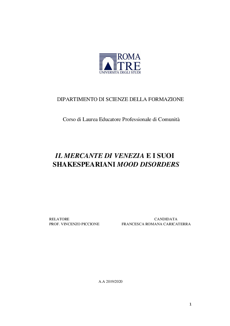 Anteprima della tesi: Il mercante di Venezia e i suoi Shakespeariani mood disorders, Pagina 1