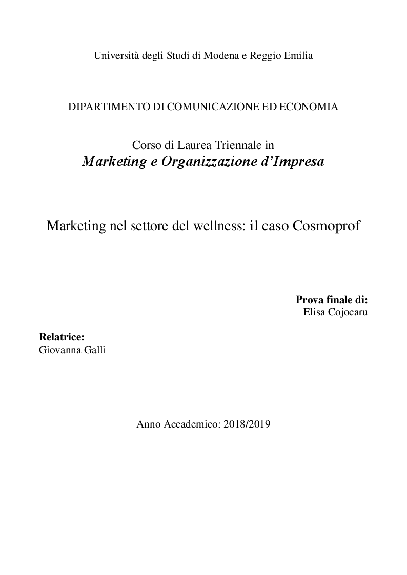 Anteprima della tesi: Marketing per le imprese operanti nel Wellness. Il caso Cosmoprof, Pagina 1