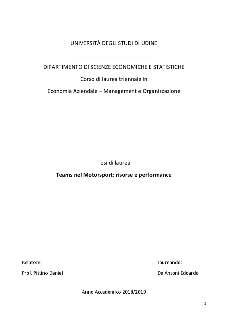 Anteprima della tesi: Teams nel Motorsport - Risorse e Performance, Pagina 1