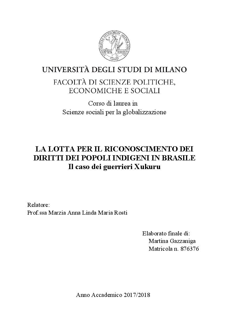 Anteprima della tesi: La lotta per il riconoscimento dei diritti dei popoli indigeni in Brasile. Il caso dei guerrieri Xukuru, Pagina 1