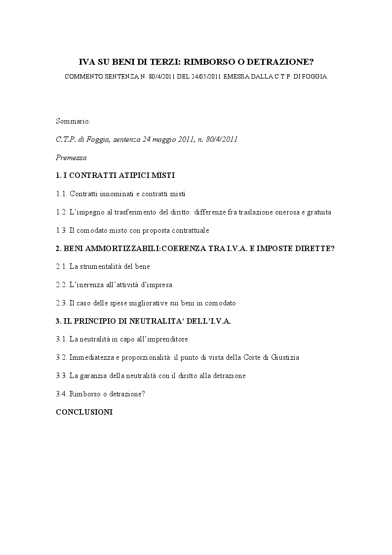 Indice della tesi: IVA su beni di terzi: rimborso o detrazione?, Pagina 1