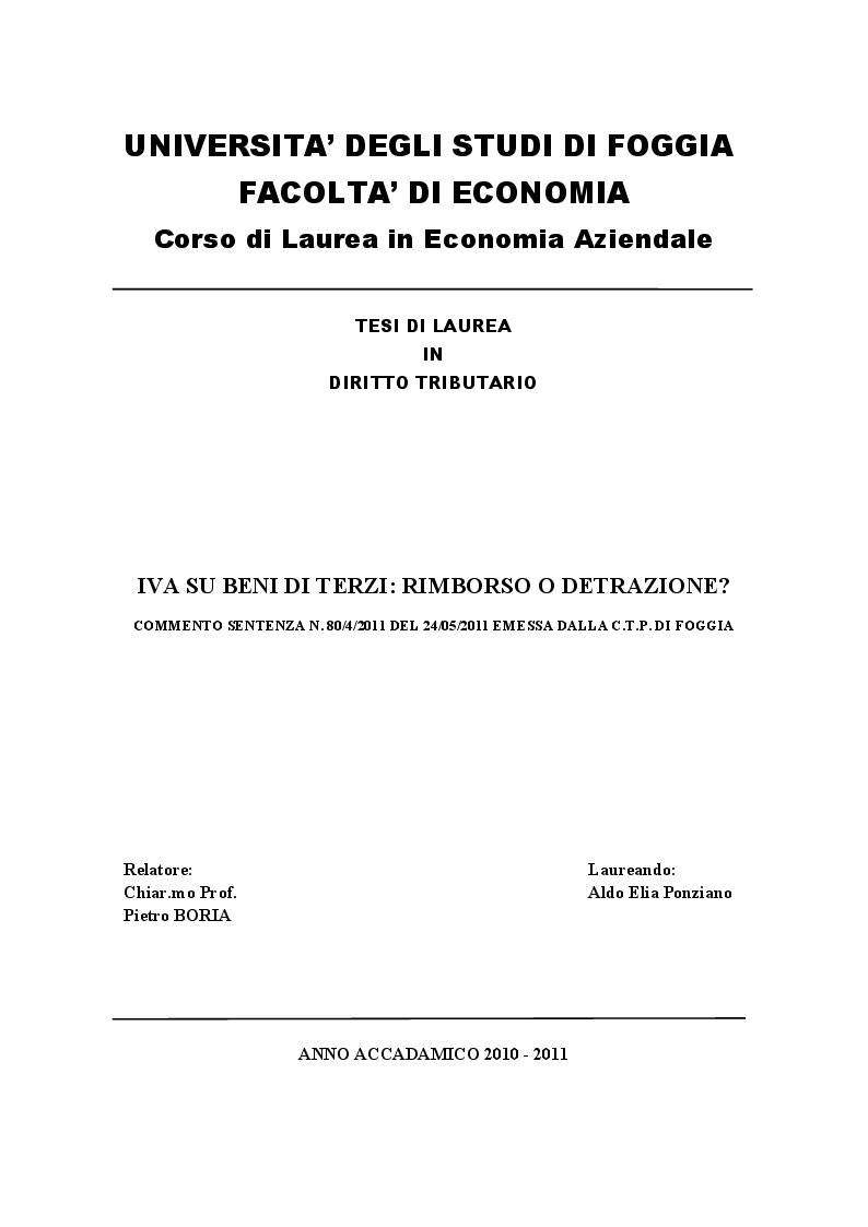 Anteprima della tesi: IVA su beni di terzi: rimborso o detrazione?, Pagina 1