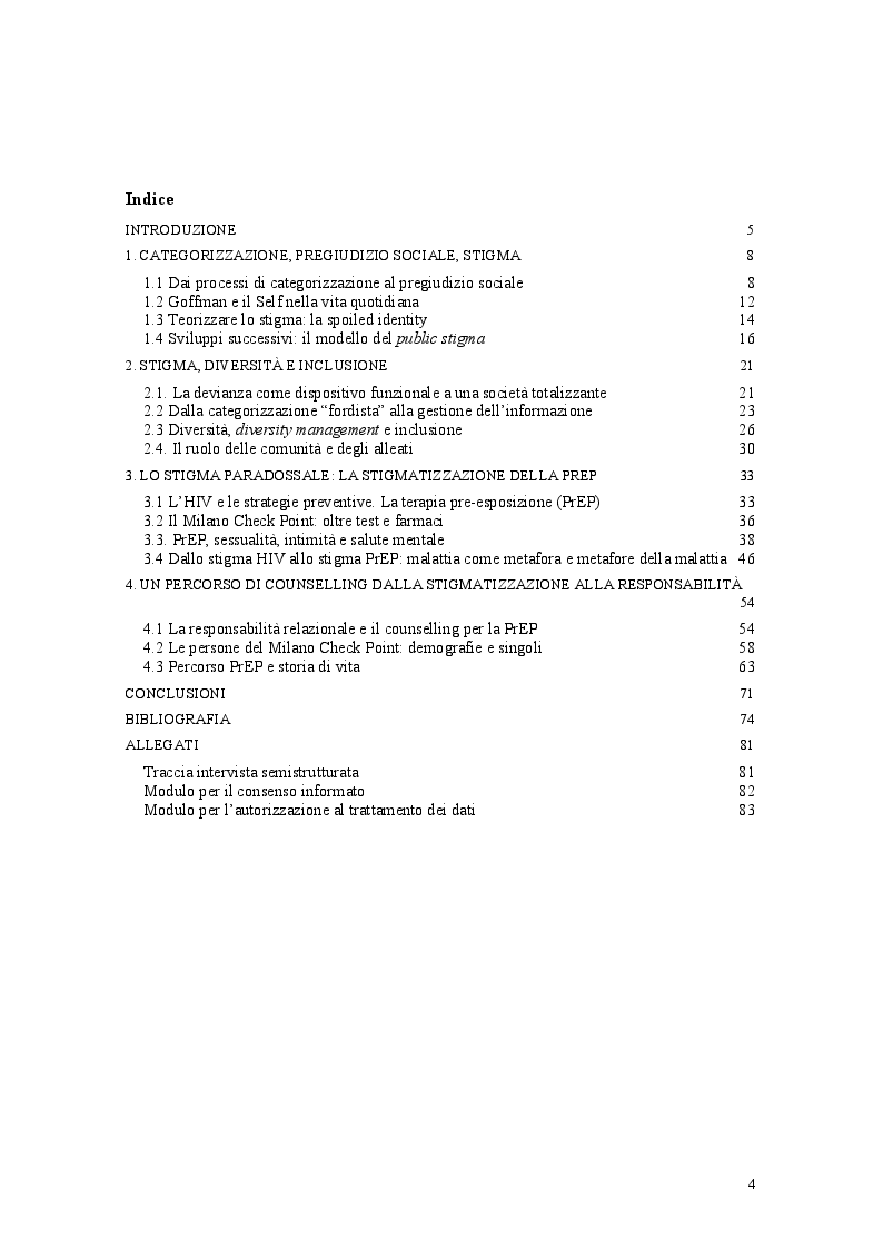 Indice della tesi: PrEP: lo stigma paradossale. L'esperienza del Milano Check Point, Pagina 1