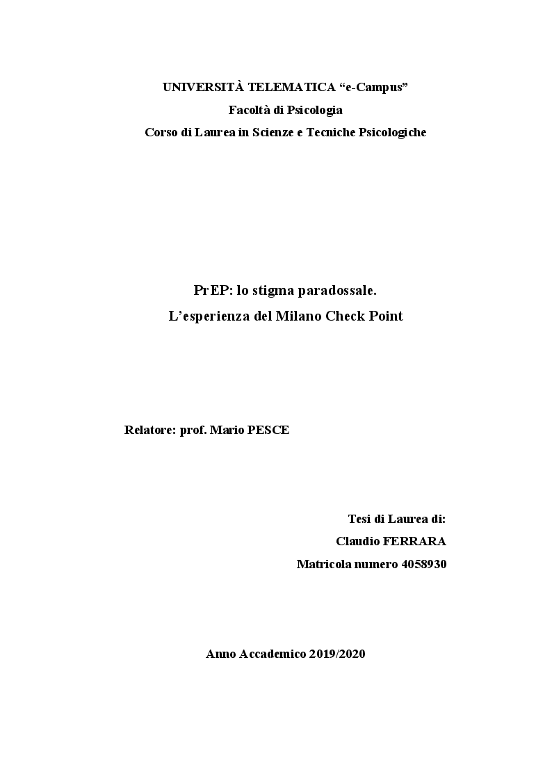 Anteprima della tesi: PrEP: lo stigma paradossale. L'esperienza del Milano Check Point, Pagina 1