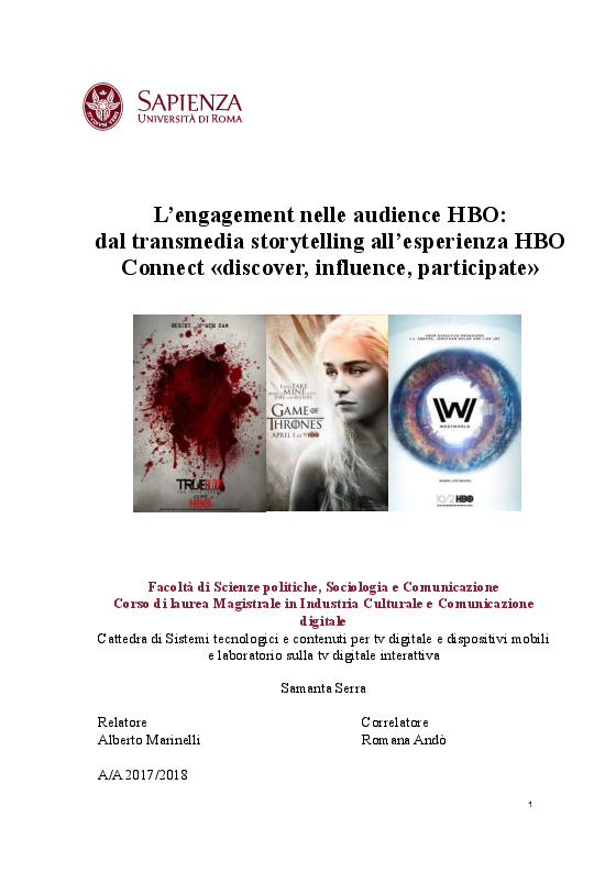 Anteprima della tesi: L’engagement nelle audience HBO dal transmedia storytelling all’esperienza HBO Connect. Tre casi studio: True Blood, Game of Thrones e Westworld, Pagina 1