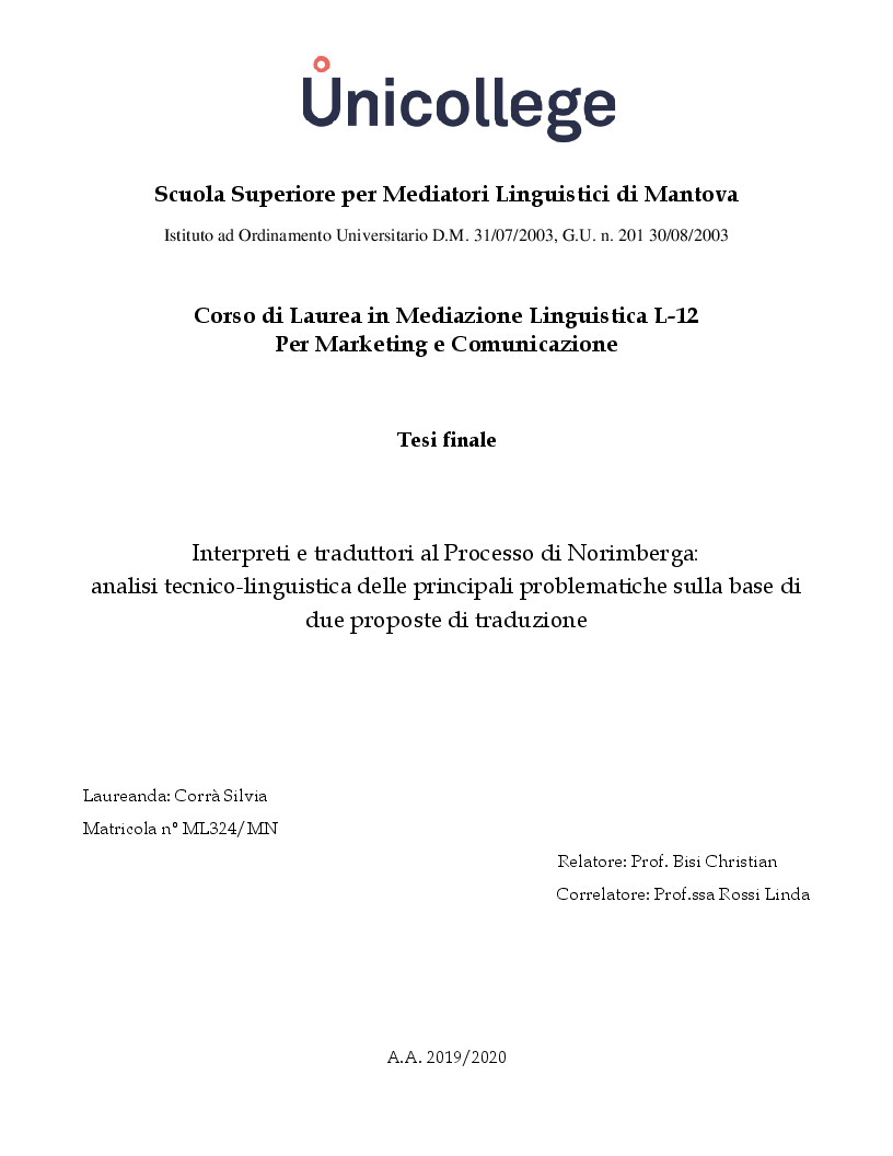 Anteprima della tesi: Interpreti e traduttori al Processo di Norimberga: analisi tecnico-linguistica delle principali problematiche sulla base di due proposte di traduzione, Pagina 1